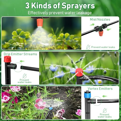 125FT Drip Irrigation System, Automatic Drip Irrigation Kit with 5/16" Main Tube & 1/4" Branch Tubing, Adjustable Drip Emitters, Garden Watering System for Flower Bed, Raised Beds, Lawn, Greenhouses - size: 26FT Main Tube+ 99FT 1/4'' Tube