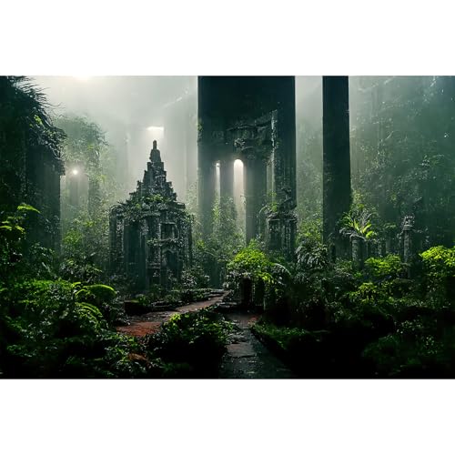 Fantasy Ancient Temple Aquarium Background Jungle Stone Columns Mysterious Foggy Rainforest Green Plants Fish Tank Background Magical Misty Rock Ruins Reptile Tank Enclosure Backgrounds 36x18in - color: Foggy Green, size: 36(W)x18(H)inches/ 90(W)*45cm(H)