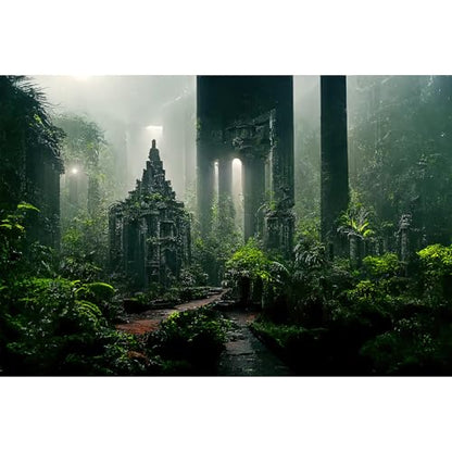 Fantasy Ancient Temple Aquarium Background Jungle Stone Columns Mysterious Foggy Rainforest Green Plants Fish Tank Background Magical Misty Rock Ruins Reptile Tank Enclosure Backgrounds 36x20in - color: Foggy Green, size: 36(W)x20(H)inches/ 90(W)*50cm(H)