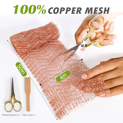 Copper Mesh Rodent Control 4" x 50 in Copper Wool for Slugs Mice Pest Snail | Copper Mesh Rodent Control Copper Wool for Slugs Mice Pest Snail Control Copper Wire Mesh for Weep Hole Covers Rodent Mesh - size: 4 inx50 in