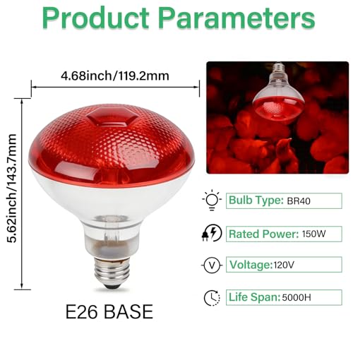150W Infrared Heat Lamp Bulbs,Reptile Infrared Heat Emitter Red Heat Lamp Bulbs Infrared Basking Light Bulbs for Reptiles, Lizard, Tortoise, Chickens, Pets (2)