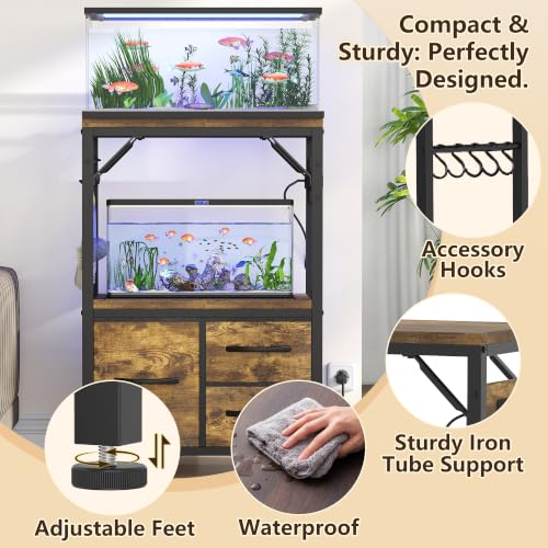 Heybly 5-10Gal Fish Tank Stand with Drawer, Power Outlet,200lbs HAS002SSR-1 | Aquarium Stand,Heavy Duty Metal Frame for Fish Tank, Turtle & Reptile Terrarium, 20.5" × 10.2" Top, Rustic Brown - color: Rustic Brown, size: 5-10 gal