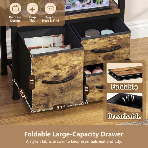 Heybly 5-10Gal Fish Tank Stand with Drawer, Power Outlet,200lbs HAS002SSR-1 | Aquarium Stand,Heavy Duty Metal Frame for Fish Tank, Turtle & Reptile Terrarium, 20.5" × 10.2" Top, Rustic Brown - color: Rustic Brown, size: 5-10 gal