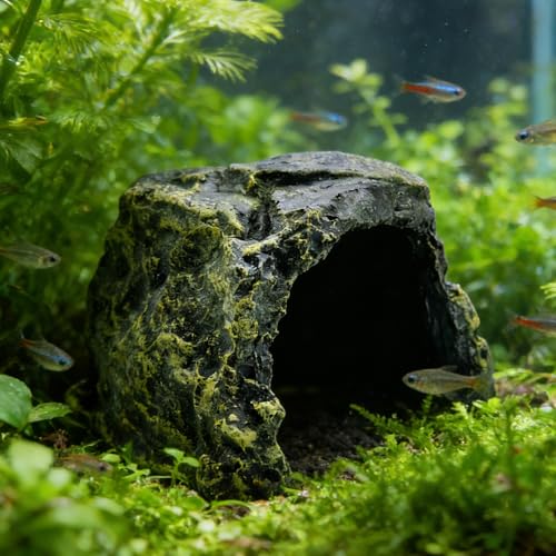 M2cbridge Aquarium Hide Cave Reptile Hideout Amphibians Habitat Rock Dish | Natural color careful craft, resting spot, solid and sturdy, water dish - style: Black Rock+ Water Dish