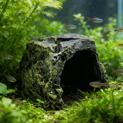 M2cbridge Aquarium Hide Cave Reptile Hideout Amphibians Habitat Rock Dish | Natural color careful craft, resting spot, solid and sturdy, water dish - style: Black Rock+ Water Dish