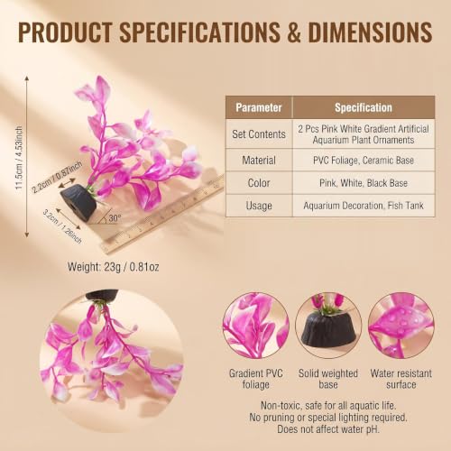 2 Pack 5.43 Inch Pink Plastic Aquarium Plants Fish Tank Decor | Waterproof Mini Desktop Bowl Aquascape Accessory with Weighted Black Base, Fits Finshes Landscapings Aquatic Habitat Layout