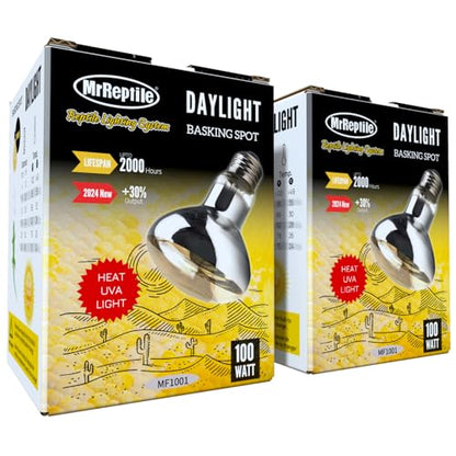 MRREPTILE Reptile Heat Lamp Bulbs, 2-Pack 100W Daylight Basking Bulbs, Reptile Basking Lamps, Bearded Dragon Basking Light, Simulated Natural Basking for Reptiles Snakes Lizards Tortoise Heater - size: 100W