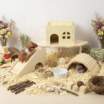 BreezeHug 4 Pcs Hamster Cage Accessories Hamster Platform Hideout Wooden Tunnel Ladder Playhouse Game Climbing Toy with Platform for Pets Dwarf Syrian Mice Degus Gerbils Squirrel(Wave) - style: Wave