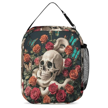 Skeleton Rose Bush Snake And Butterfly Insulated Lunch Bag for Women Men Large Capacity Reusable Lunch Box Leak-Proof Cooler Tote with Front Pocket for Office, Work, Picnic, Travel