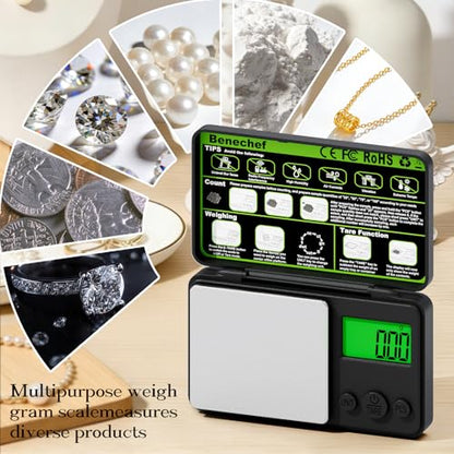 Mini Pocket Scale 500g x 0.01g, Digital Gram Scale with Green Backlit LCD, Tare & PCS Counting, Portable Jewelry Scale for Gold, Silver, Coins & Gems