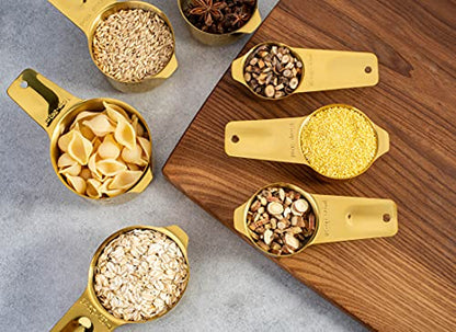 7-Piece 18/8 Stainless Steel Measuring Cups Set, Gold | Includes 1/16, 1/4, 1/3, 1/2, 2/3, 3/4 and 1 Cup, Engraved US and Metric Markings, Pour Spouts and Ring Connector - color: Gold, size: 7 Piece
