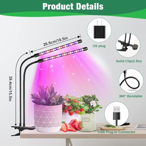 Plant Light, 2 Heads Grow Lights for Seed Starting with Clip, 2Pack | Full Spectrum Grow Light, Timer 6/12/16Hrs, 3 Spectrums, 5 Dimmable Levels, Flexible Gooseneck - size: (2 Pack)2 Arms