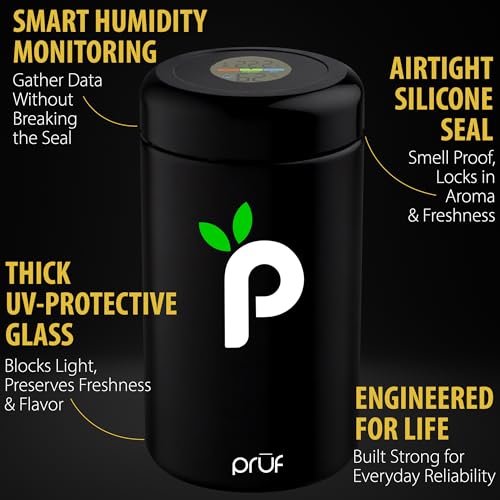 Prūf Jar with Built-In Humidity & Temperature Monitor (Hygrometer) – Airtight 500ml UV-Proof Glass Storage Jar with Silicone Seal – Humidity Control – Includes 2 Boveda 62% (8g) Packs – by Hygenix