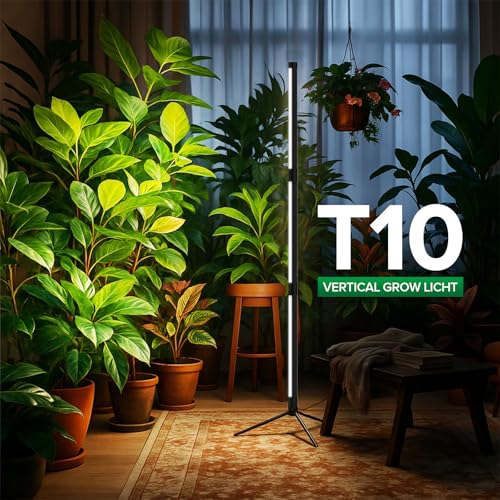 SANSI T10 Standing Grow Lights for Indoor Plants, Vertical Grow Light 4.4FT | PPFD 307 Plant Light 144 LEDs Full Spectrum, Adjustable Three-Stage, 5 Dimming, Timer 3/6/12h, 4000K, Wide Coverage Growth