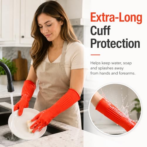ThxToms Rubber Dishwashing Cleaning Gloves (2-Pair) - Fleece Lined | Reusable Long Dish Gloves for Washing Dishes, Waterproof Kitchen Gloves with Extra-Long Cuff & Anti-Slip Design, Large - size: Large (Pack of 4)