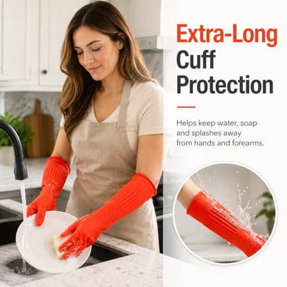 ThxToms Rubber Dishwashing Cleaning Gloves (2-Pair) - Fleece Lined | Reusable Long Dish Gloves for Washing Dishes, Waterproof Kitchen Gloves with Extra-Long Cuff & Anti-Slip Design, Large - size: Large (Pack of 4)