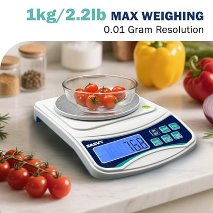 Digital Lab Scale 1000g x 0.01g oz/g/ct/DWT/tl/gn/ozt Precision Electronic Scientific Scale Analytical Balance for Laboratory Jewelry Kitchen, Includes 100g Weight and 2 x AAA Batteries