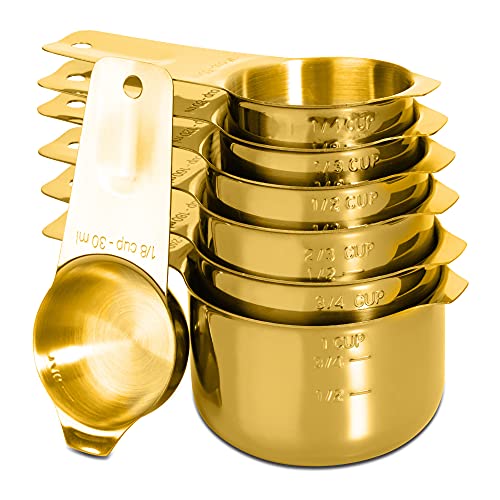 7-Piece 18/8 Stainless Steel Measuring Cups Set, Gold | Includes 1/16, 1/4, 1/3, 1/2, 2/3, 3/4 and 1 Cup, Engraved US and Metric Markings, Pour Spouts and Ring Connector - color: Gold, size: 7 Piece
