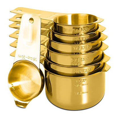 7-Piece 18/8 Stainless Steel Measuring Cups Set, Gold | Includes 1/16, 1/4, 1/3, 1/2, 2/3, 3/4 and 1 Cup, Engraved US and Metric Markings, Pour Spouts and Ring Connector - color: Gold, size: 7 Piece