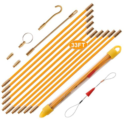 KOOTANS 33FT Fiberglass Running Electrical Wire Cable Glow Rods Wire Pulling Tools Fish Tape Wire Puller Through Wall Cable Snake Fish Rods Kit with Different Attachments - color: 33FT