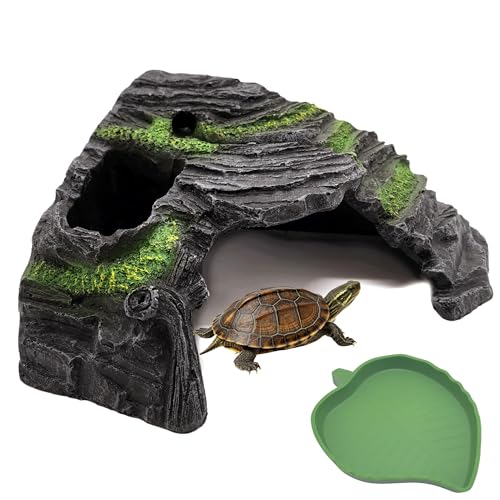 M2cbridge Aquarium Fish Hide Cave Reptile Hideout Amphibians Habitat Island | Natural color careful craft, resting spot, solid and sturdy, water dish - style: Island+ Water Dish