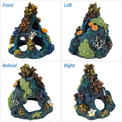 Uniclife Aquarium Decorations Resin Coral Rock Mountain Cave Fish Tank Decor Ornaments Fish House for Betta Rest Hide Play Breed - style: Green Coral Tower