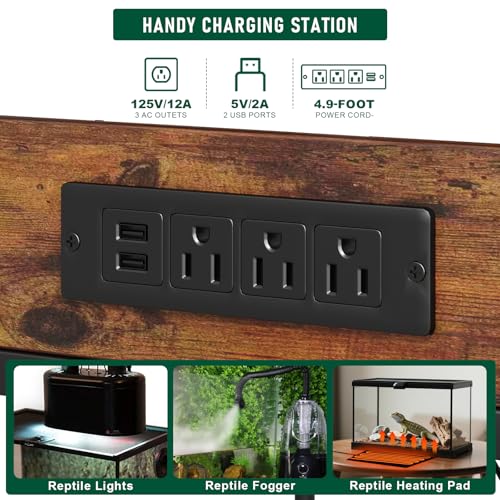 Reptile Tank Stand with Power Outlets，48" X 24" Tabletop Fits up to 120 Gallon Bearded Dragon Enclosure Stand，Double Snake Terrarium Table with Light - color: Rustic Brown