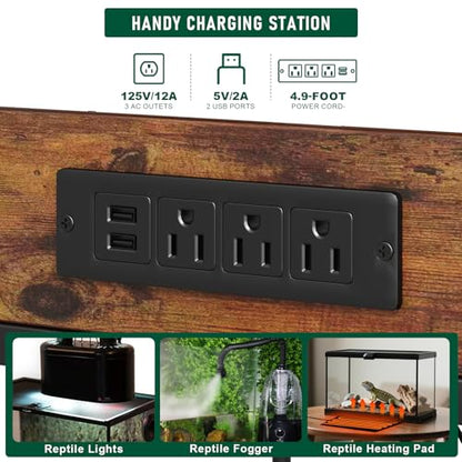 Reptile Tank Stand with Power Outlets，48" X 24" Tabletop Fits up to 120 Gallon Bearded Dragon Enclosure Stand，Double Snake Terrarium Table with Light - color: Rustic Brown