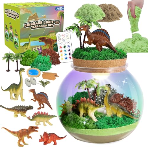 Dinosaur Light-Up Terrarium Kit for Kids- Birthday Gifts for Boys Ages 4 5 6 7 8-12 Year Old- Dinosaur Toys for Boys with Multicolor LED Light & Remote - style: Dinosaur