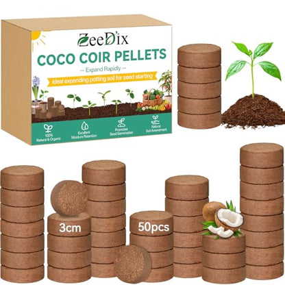 Coco Coir Pellets, 50 Pcs 30mm Seed Starter Soil Pods for Planting | Low EC & pH Balanced, Organic Coconut Coir Potting Soil for Indoor Outdoor Plants Herbs Houseplants Bonsai Vegetables Flowers - size: 30mm