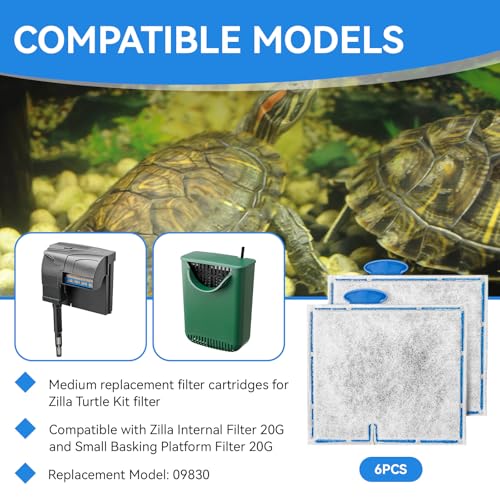 6 Pack Replacement Filter Cartridges Medium for Zilla Turtle Filter, Turtle Tank Filter Cartridges Compatible with Zilla Internal Filter 20G and Small Basking Platform Filter 20G, 09830