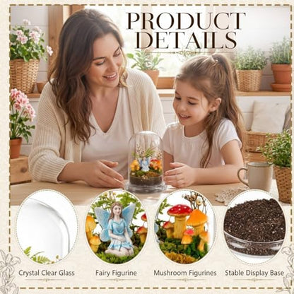 Hushee 5 Pack Decorative 1 Glass Cloche Dome 6.3'' x 4.7'' with 3 Mushroom & 1 Fairy Figurines Closed Terrarium Glass Cloche with Base for Desk Mini Plant Indoor Miniature Tabletop - No Plants - size: 6.3'' X 4.7''