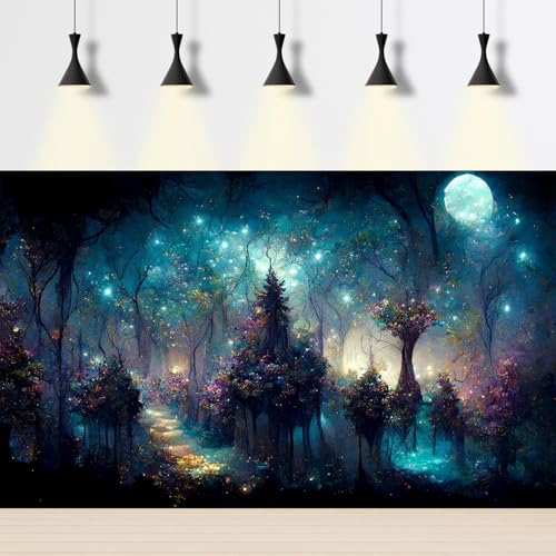 Fairy Tale Eden Aquarium Background Fantasy Trees Various Flowers Fish Tank Background Misty Night Sparking Stars Moon Terrarium Backgrounds Stunning Flowers Scene Reptile Tank Backgrounds 24x12in - color: Purple_Blue, size: 24(W)x12(H)in