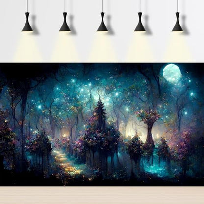 Fairy Tale Eden Aquarium Background Fantasy Trees Various Flowers Fish Tank Background Misty Night Sparking Stars Moon Terrarium Backgrounds Stunning Flowers Scene Reptile Tank Backgrounds 24x12in - color: Purple_Blue, size: 24(W)x12(H)in