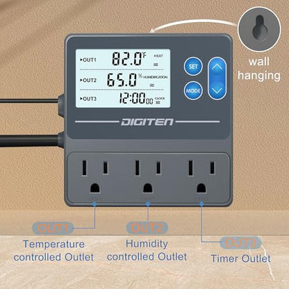 DIGITEN Reptile Temp & Humidity Controller with Timer Outlet | Temperature Control, Humidity Control, Timer, 3-Stage Outlet, Day-night Thermostat For Reptile, Mushroom, Homebrew