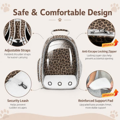 Expandable Cat Carrier Backpack with Bubble Window, Animal Print | Breathable mesh, anti-collapse frame, side door, safety leash and escape-resistant zippers for vet visits and outdoor travel. - color: Leopard Print