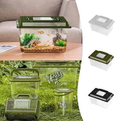 Transparent Reptile Feeding Box 360°, Standard Faunarium with Handle, Reptile Tank Transport & Portable Habitat Feeding Boxes, Transparent Plastic Pet Houses for Gecko, Frog, Lizard, Tarantula (Black) - color: Black