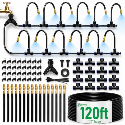 120Ft 1/4" Drip Irrigation System, 360° Adjustable Brass Nozzles, Save 80% Watering Garden Kit, DIY Tool-Free Quick Connect Sprinklers for Outdoor Plants, Landscape, Raised & Flower Beds, Greenhouse - size: 120 feet