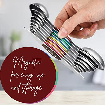 Magnetic Measuring Spoons Set of 9 Stainless Steel Dual-Sided Stackable Measuring Spoon Nesting Teaspoons Measuring Dry and Liquid Ingredients, Fits in Spice Jars Set of 9 (Multicolor) - color: Multicolor