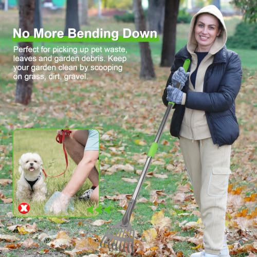 Non-Breakable Pooper Scooper, Dog Pooper Scooper Tray & Rake Set with Adjustable Stainless Steel Long Handle for Large Medium Small Dogs (Green) - color: Green