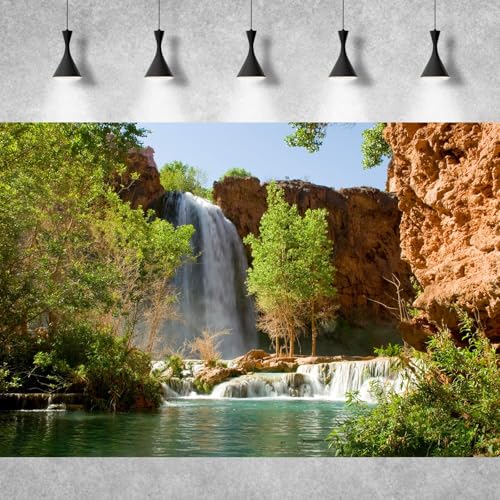 Waterfall Aquarium Background Natural Jungle Forest Landscape Terrarium Background Tranquil Lake Stream Jungle Style Fish Tank Background Mountain Falls Aquarium Backdrop Poster Vinyl 24x12in - color: Pale Green, size: 24(W)x12(H)in