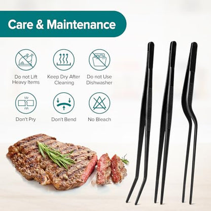 Kitchen Tweezer Tongs Set for Chef Food Plating, 6 Pcs, 8", Black | Stainless Steel, Small Chef Food Culinary Bar Thin Skinny Tweezers Tongs, Cooking Tweezers Set, For Baking Decorating Feeding - size: 8 inches