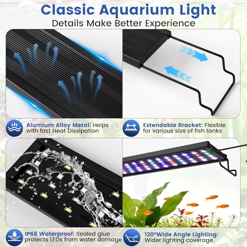 AQQA Full Spectrum Aquarium Plant Light LED Fish Tank Light IP68 Waterproof with 24/7 Natural Mode & DIY RGBW Mode, 9 Colors & 10-Level Brightness Adjustable, 6 Timer Settings for 12"-18" Tank (12W) - size: 12-18inch