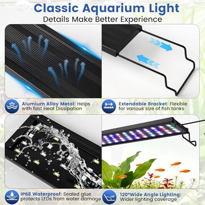 AQQA Full Spectrum Aquarium Plant Light LED Fish Tank Light IP68 Waterproof with 24/7 Natural Mode & DIY RGBW Mode, 9 Colors & 10-Level Brightness Adjustable, 6 Timer Settings for 12"-18" Tank (12W) - size: 12-18inch