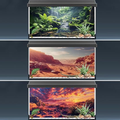 3 Pack Terrarium Background, 60x24 inch Polyester Reptile Background | Cloth Terrarium Background, Gobi Sunshine Cactus Stone & Green Tree Fern Stream Backgrounds, Backgrounds for Reptile Tank - size: 60x24 Inch