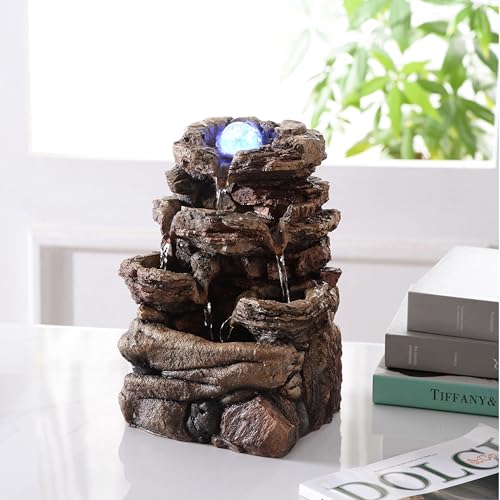 Tabletop Waterfall Fountain with Glass Ball and Color Changing LED – Indoor Decorative Waterfall for Home & Office, Resin Natural Imitation Design（23064）