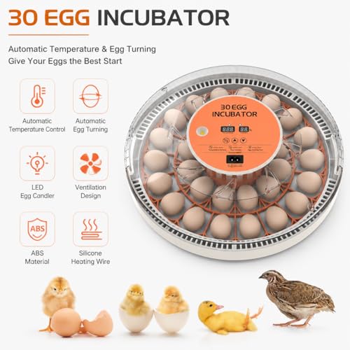 30 Egg Incubator with Automatic Egg Turning, Temperature Control and Humidity Monitor Incubators for Hatching Eggs, Chicken, Ducks, Goose, Pigeon, Quail, Parrot Incubator for Farm, Lab