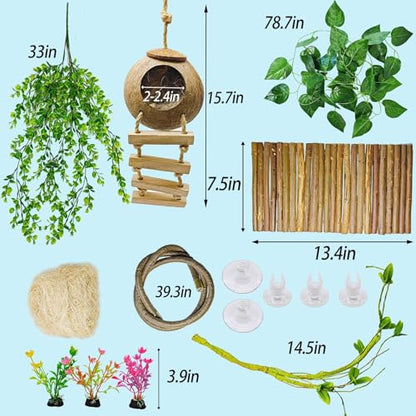 kathson 9PCS Leopard Gecko Tank Accessories,Reptile Hanging Plants and Vines Coconut Shell Hut with Ladder Habitat Decor for Climbing Bearded Dragon Lizard Snake Hermit Crab Chameleon - size: 9PCS