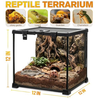 12"x12"x12" Reptile Terrarium, Escape-Proof Glass Full-View Vivarium for Tropical Invertebrates Such as Hermit Crabs, with Escape-Proof Lock & Feeding Hatch - size: 12"D X 12"W X 12"H