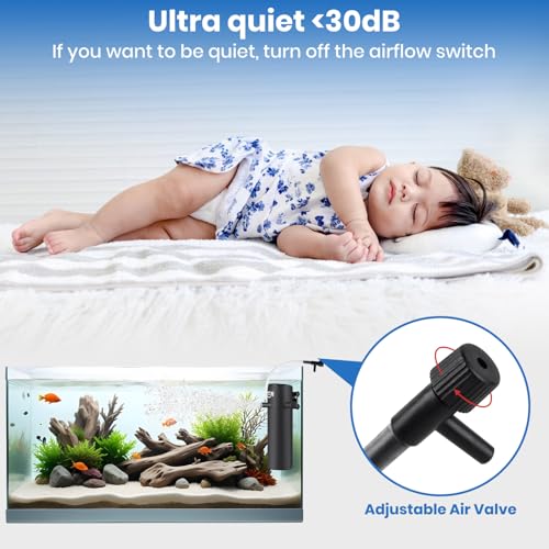 Aquarium Filter for 30-70 Gallon Tank, Fish Tank Filter with Wave-Maker Oxygenation Circulation, Adjustable Air Flow Filter for Freshwater & Saltwater, 4 in 1 Submersible Filter (12W)